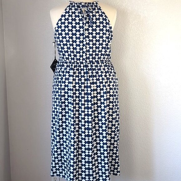 Ava & Viv Size 1X Dress Sleeveless Blue & White Geometric Halter Neckline - Picture 3 of 8